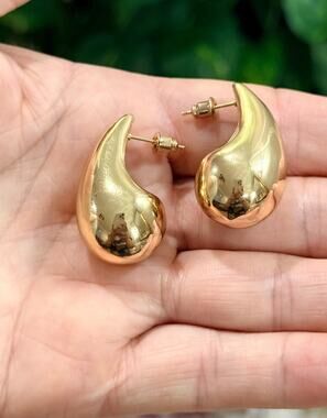Gold Tone Teardrop Hoop Earrings – Bold Statement Earrings, Vintage Inspired